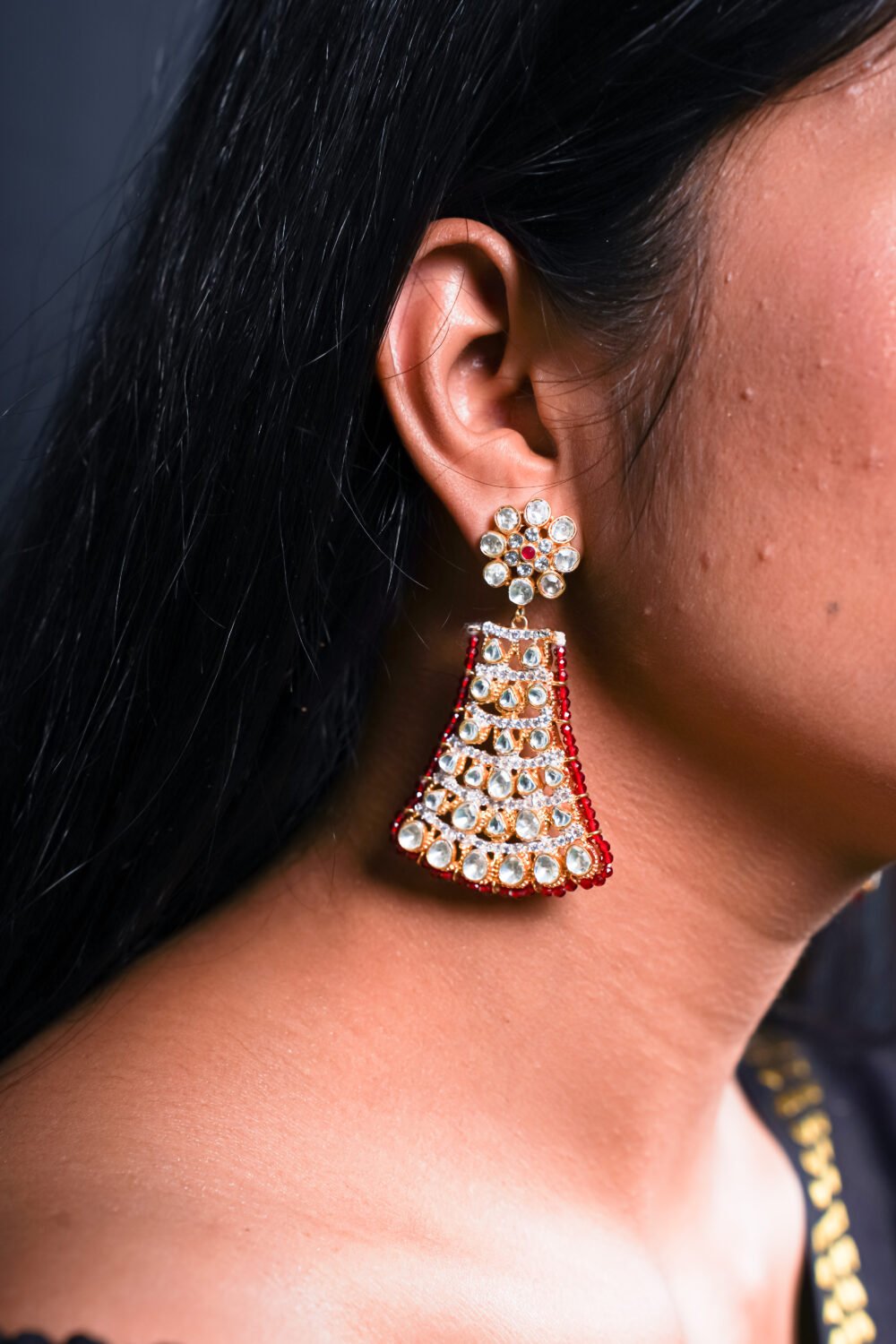 Kalakosh 18K Gold-Plated Red Kundan Bell Earrings - Image 2