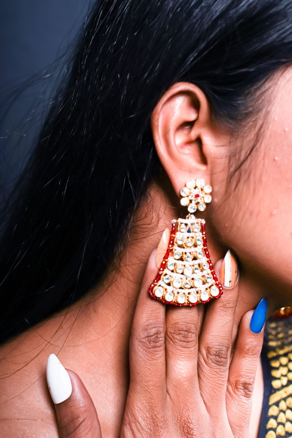 Kalakosh 18K Gold-Plated Red Kundan Bell Earrings - Image 5