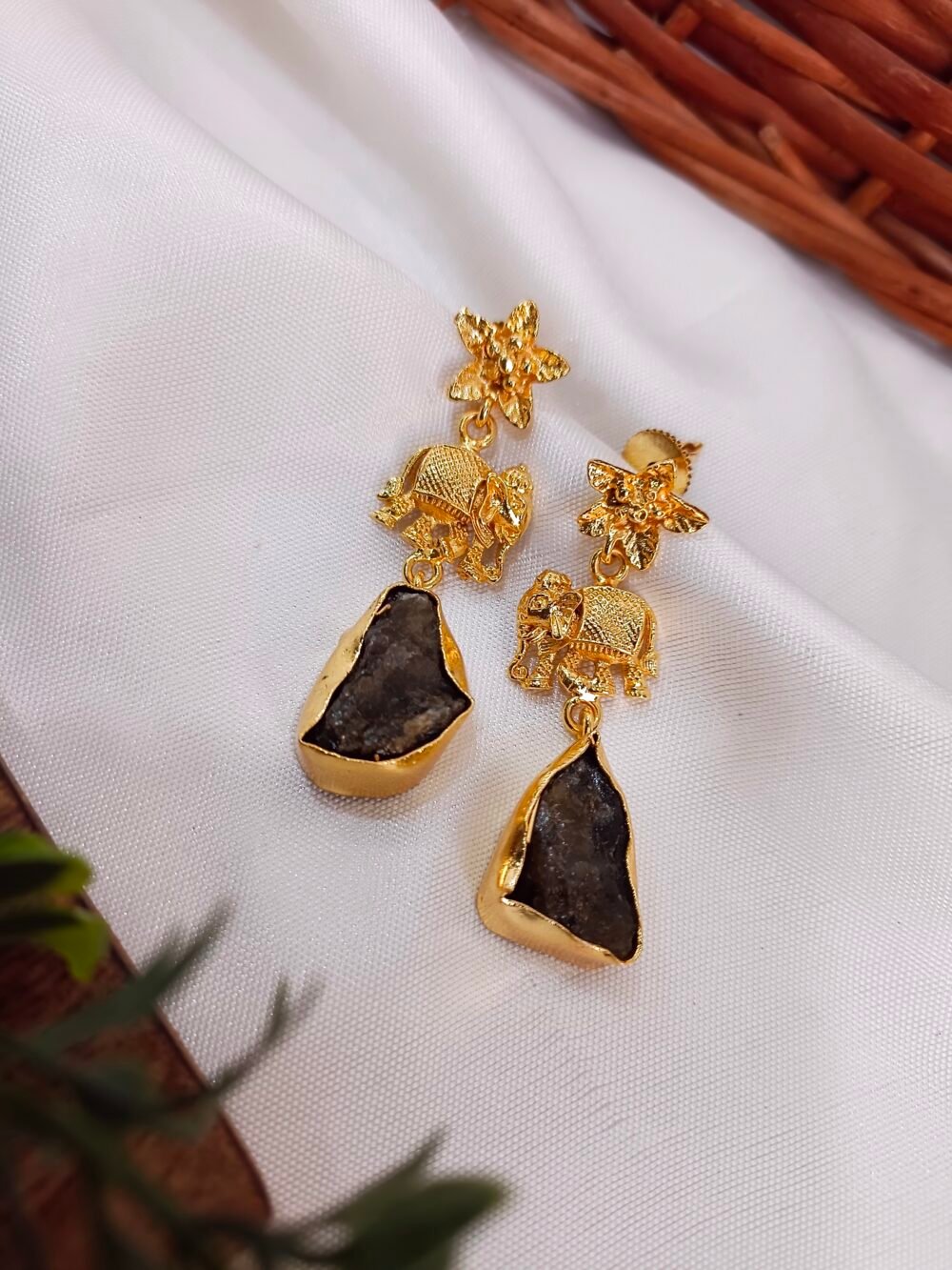 Kalakosh 18K Gold-Plated Elephant Charm Raw Black Stone Earrings