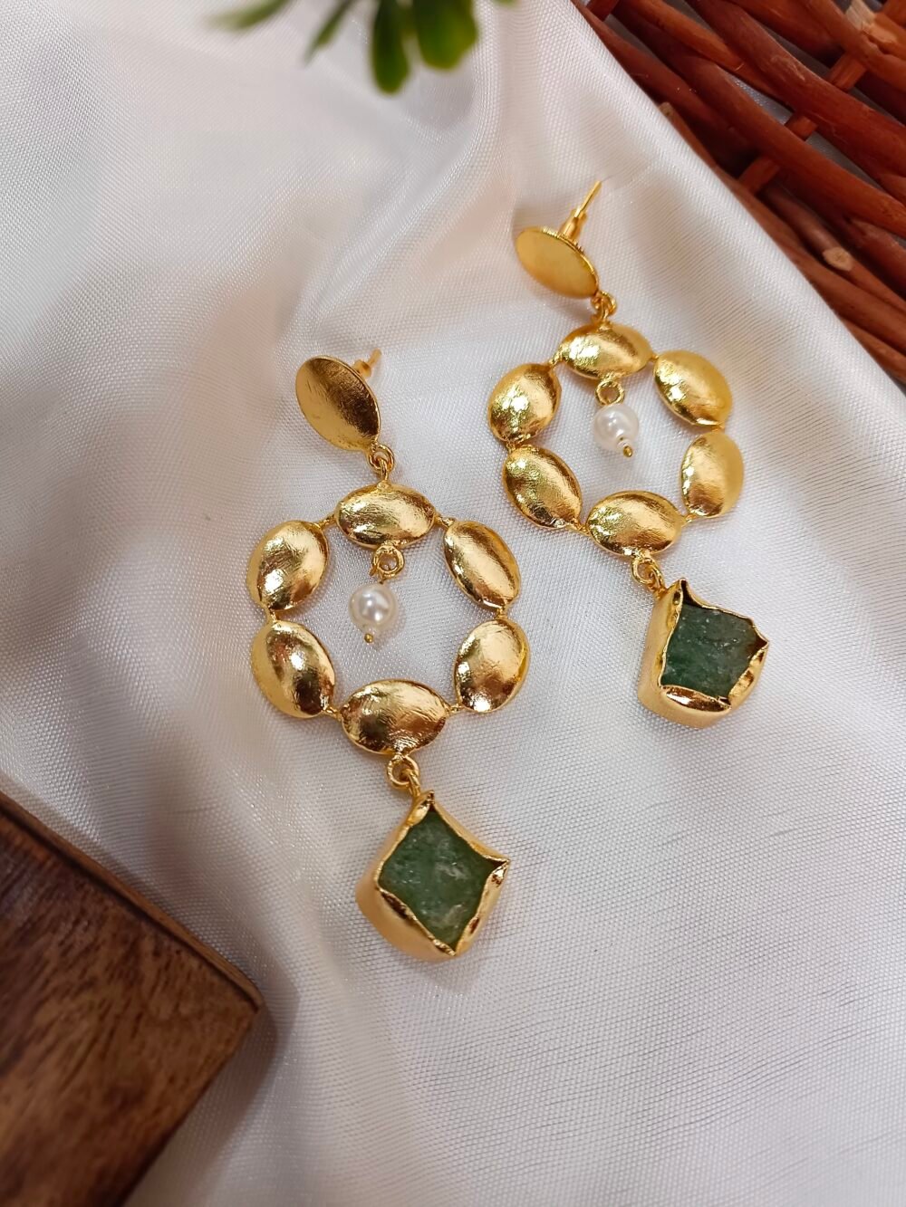 Kalakosh 18K Gold-Plated Textured Hoop Earrings with Raw Green Stone & Pearl