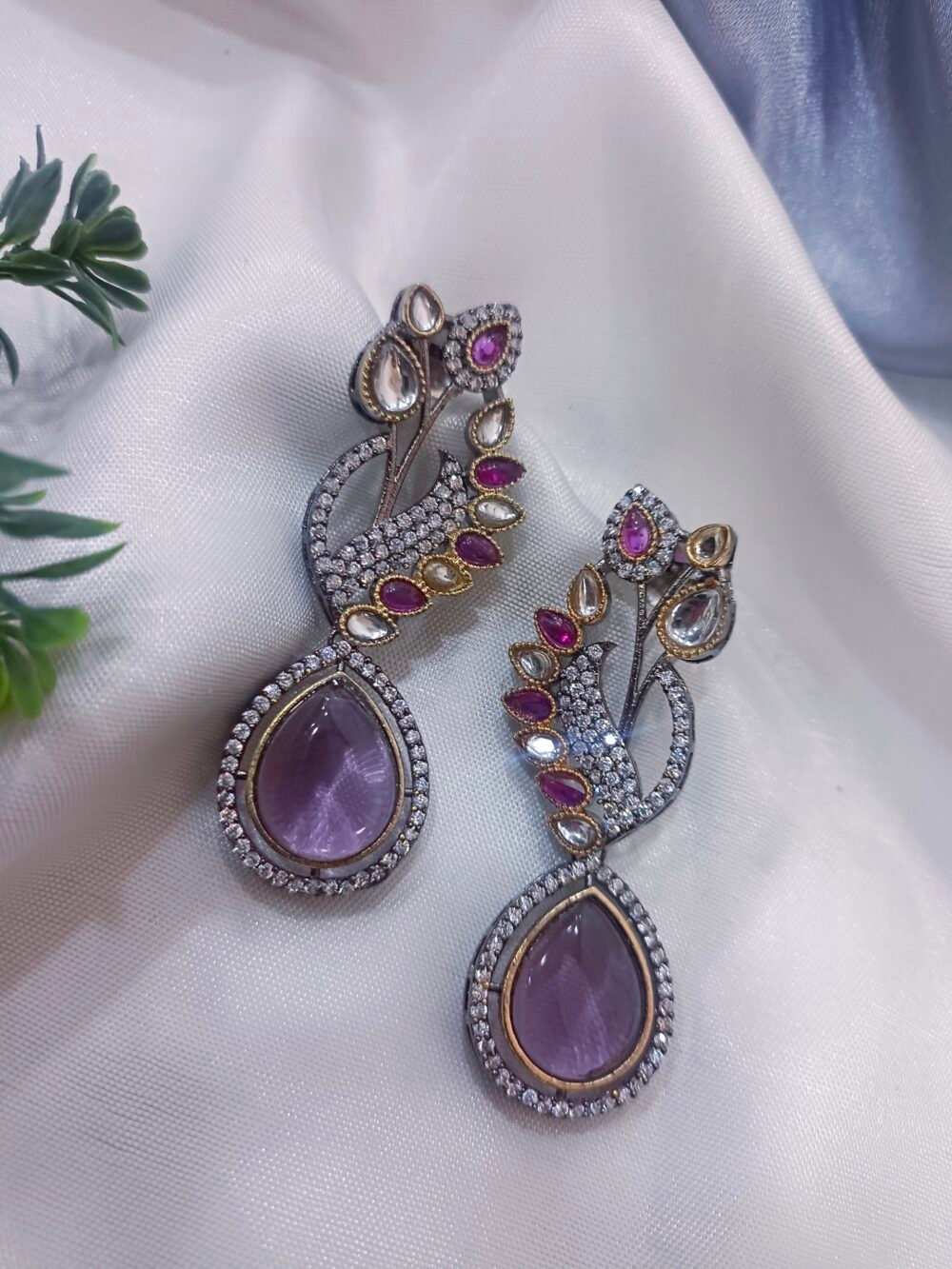 Kalakosh Regal Amethyst & Kundan Peacock Earrings