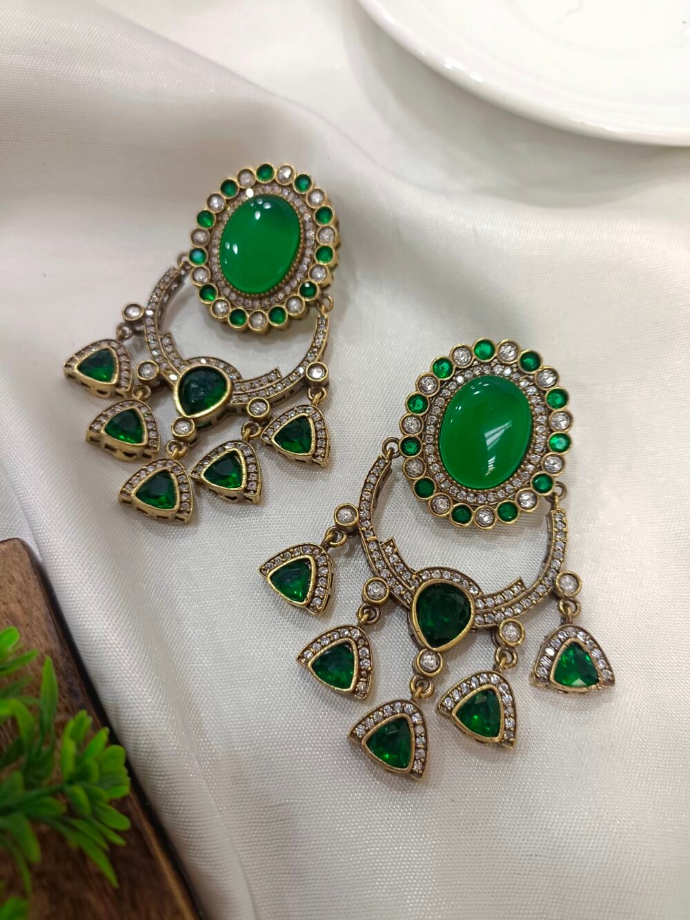 Kalakosh Regal Emerald Green Chandbali Earrings – A Statement of Royalty