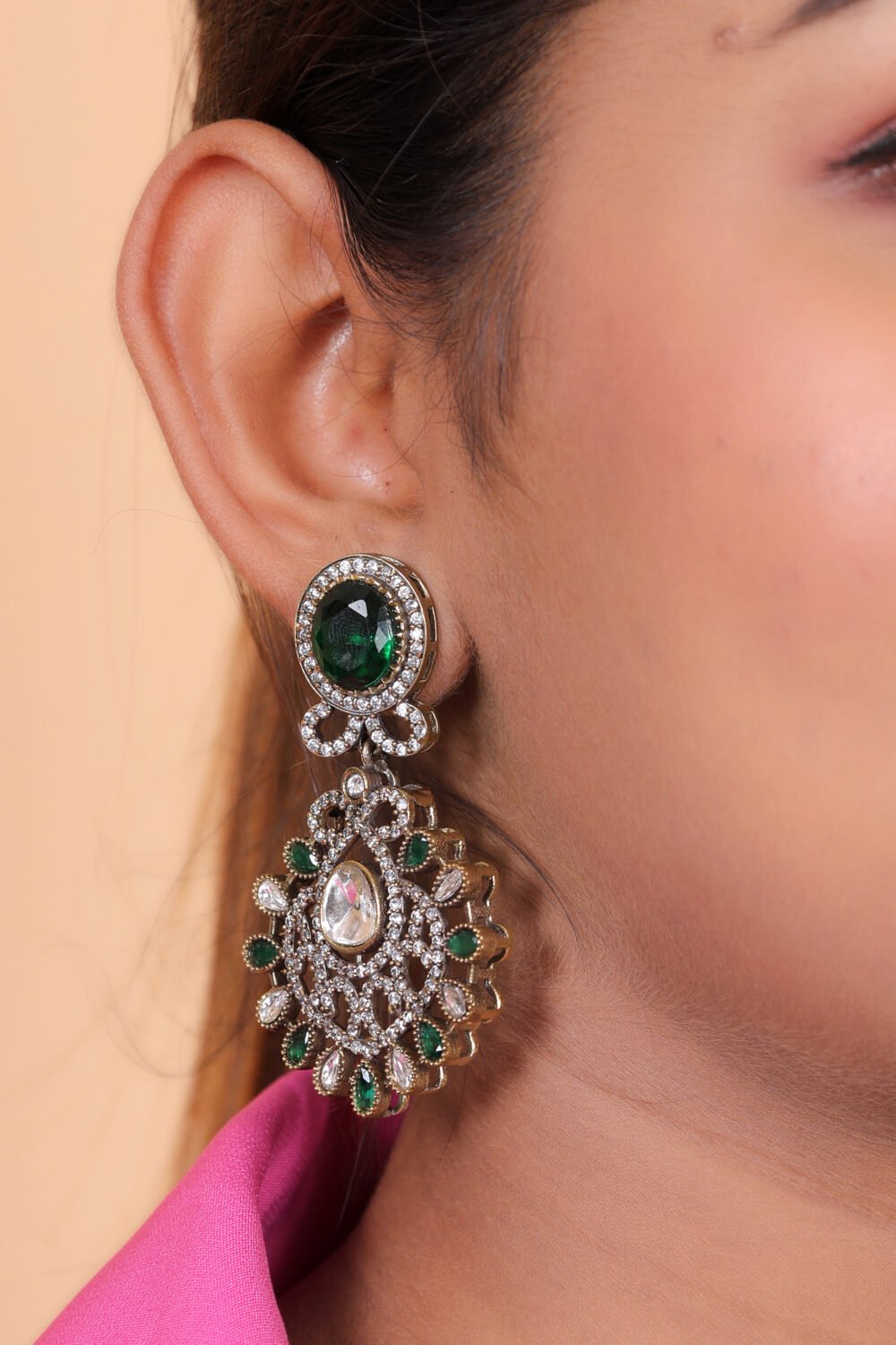 Kalakosh Graceful Green Chakkar Cutting Glass Stones with Kundan Mehandi Polish Earrings - Image 2