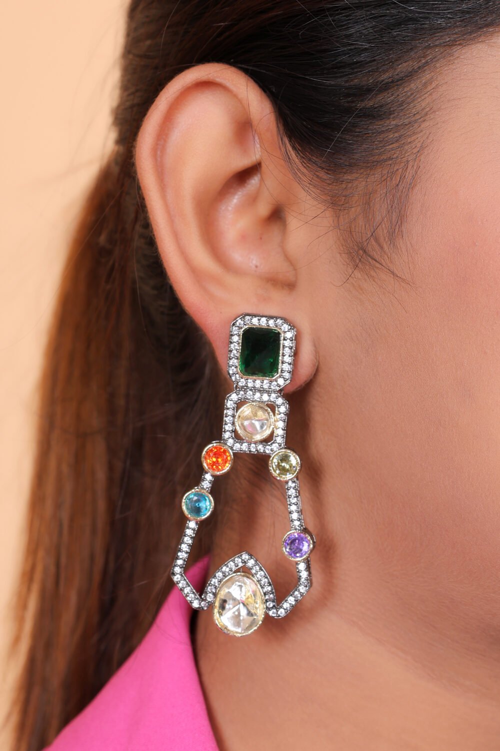 Kalakosh Two-Tone Silver & Gold Plated Pachi Kundan Pearl Jhumka Earrings - Image 2