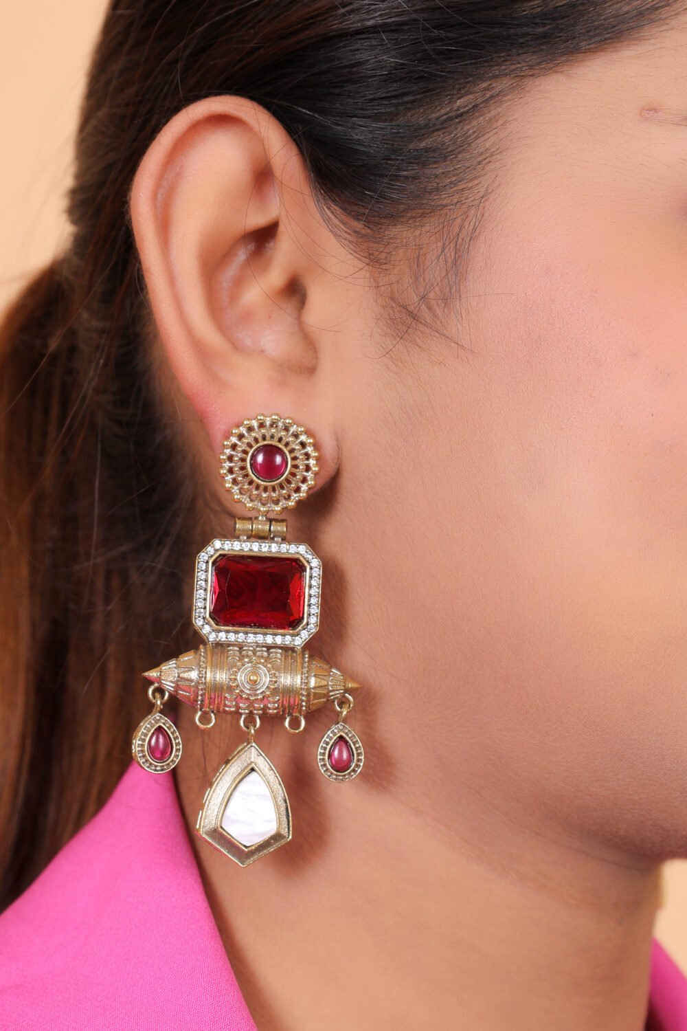 Kalakosh Mehndi Polish Red Rectangle Stone with Ship Bullet Earrings - Image 2