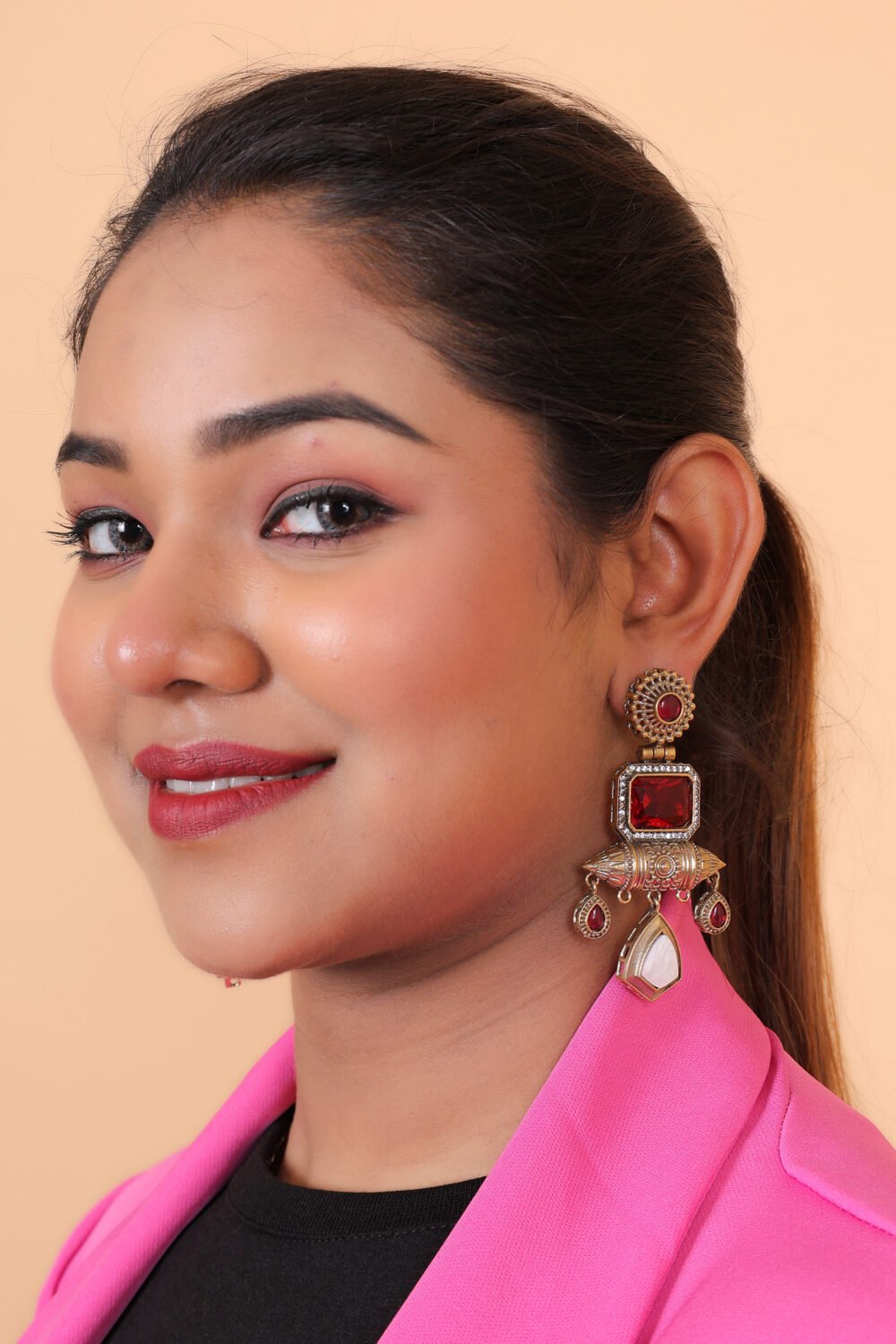 Kalakosh Mehndi Polish Red Rectangle Stone with Ship Bullet Earrings - Image 4