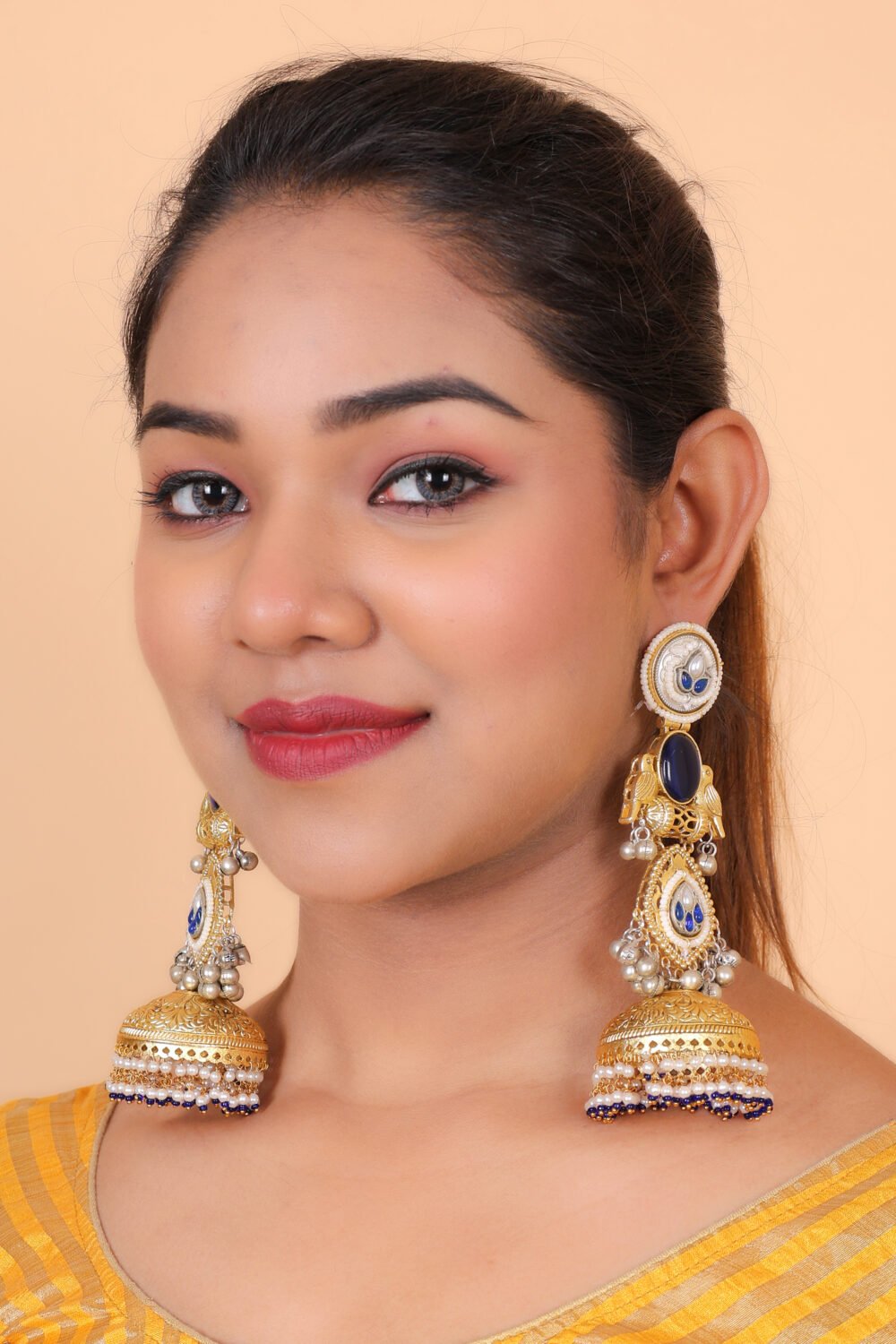 Kalakosh Royal Blue & Gold-Plated Kundan Jhumka Earrings