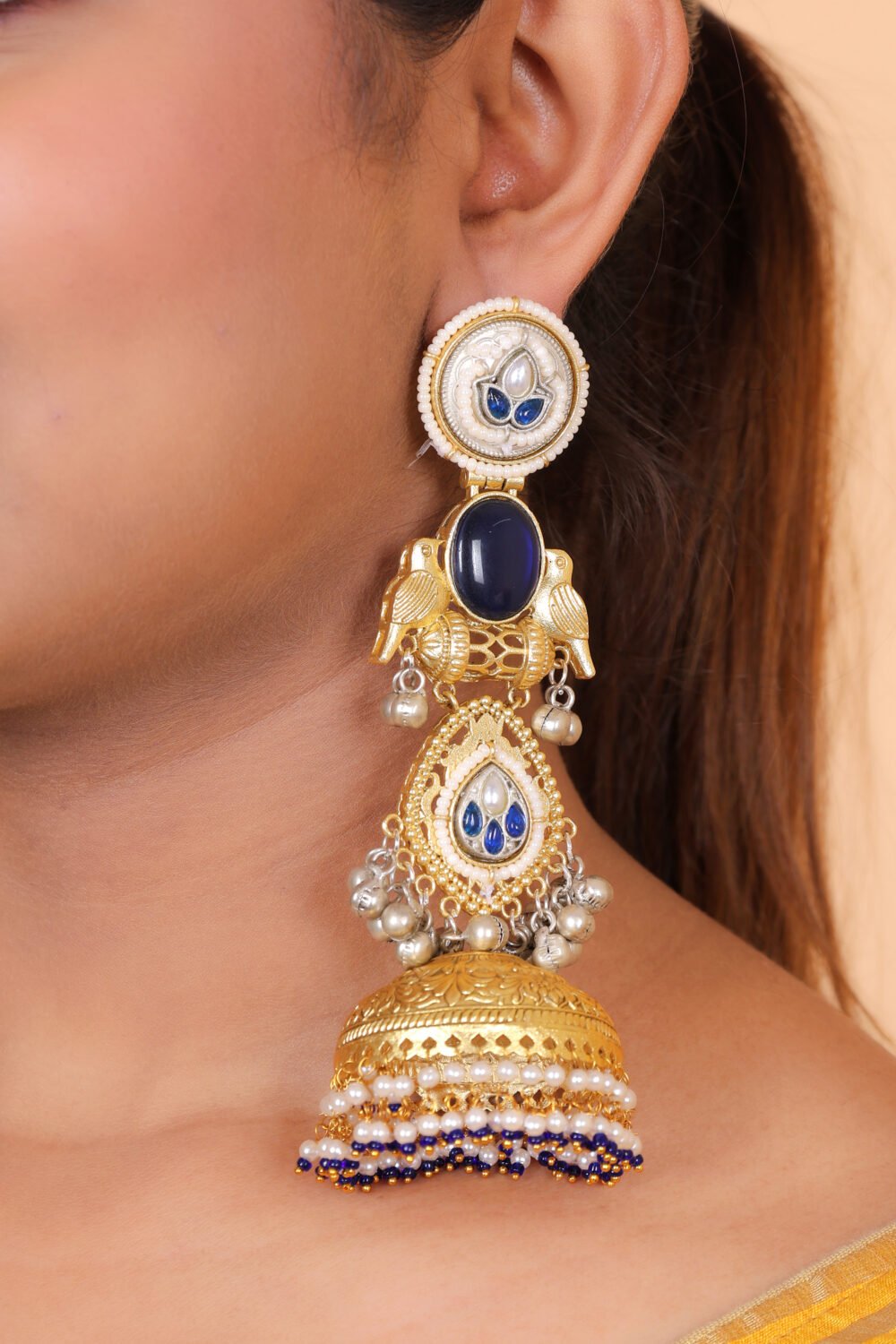 Kalakosh Royal Blue & Gold-Plated Kundan Jhumka Earrings - Image 2