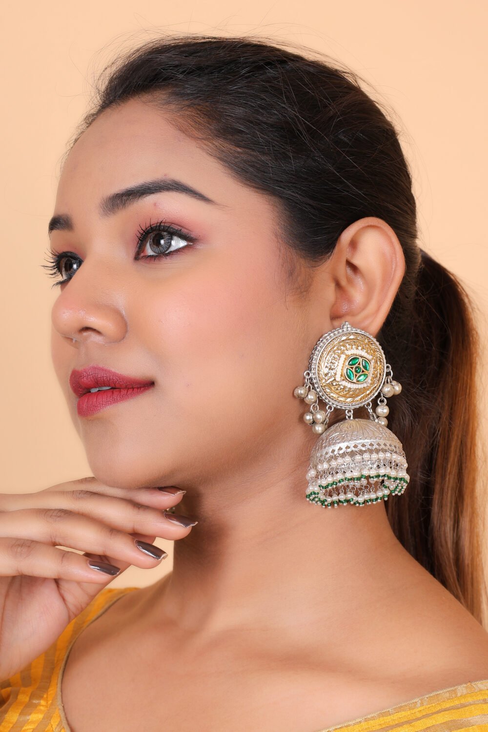 Kalakosh Two-Tone Gold & Silver Plated Pachi Kundan Long Statement Earrings - Image 3