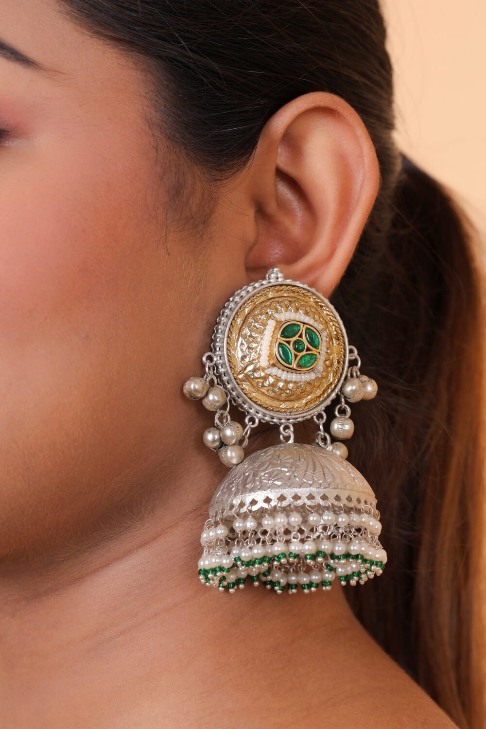 Kalakosh Two-Tone Gold & Silver Plated Pachi Kundan Long Statement Earrings - Image 2