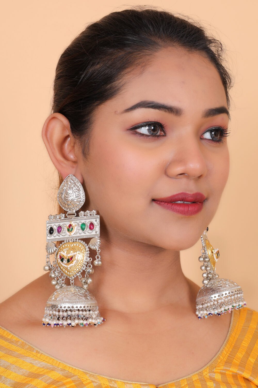 Kalakosh Dual-Tone Silver & Gold Plated Temple Jhumka Earrings - Image 4