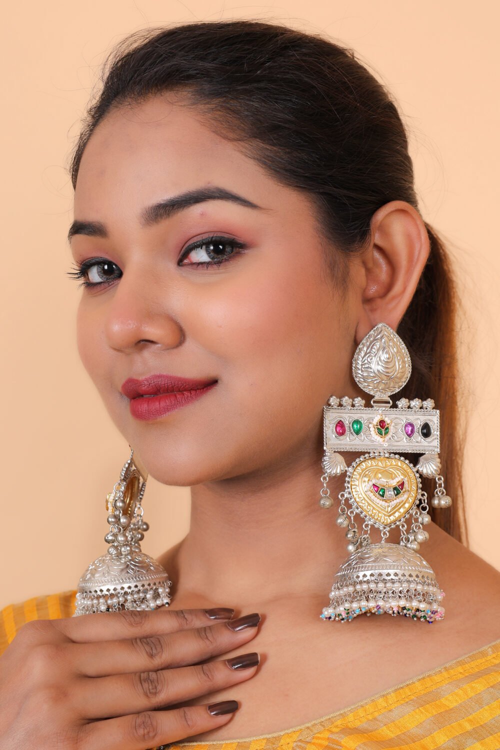 Kalakosh Dual-Tone Silver & Gold Plated Temple Jhumka Earrings