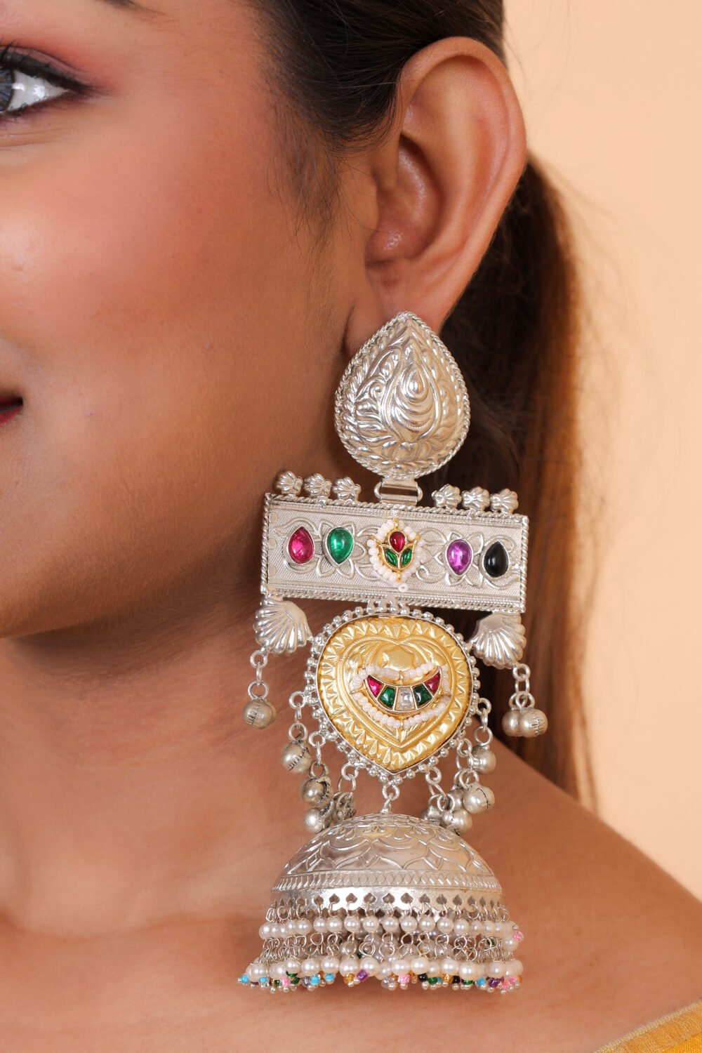 Kalakosh Dual-Tone Silver & Gold Plated Temple Jhumka Earrings - Image 2