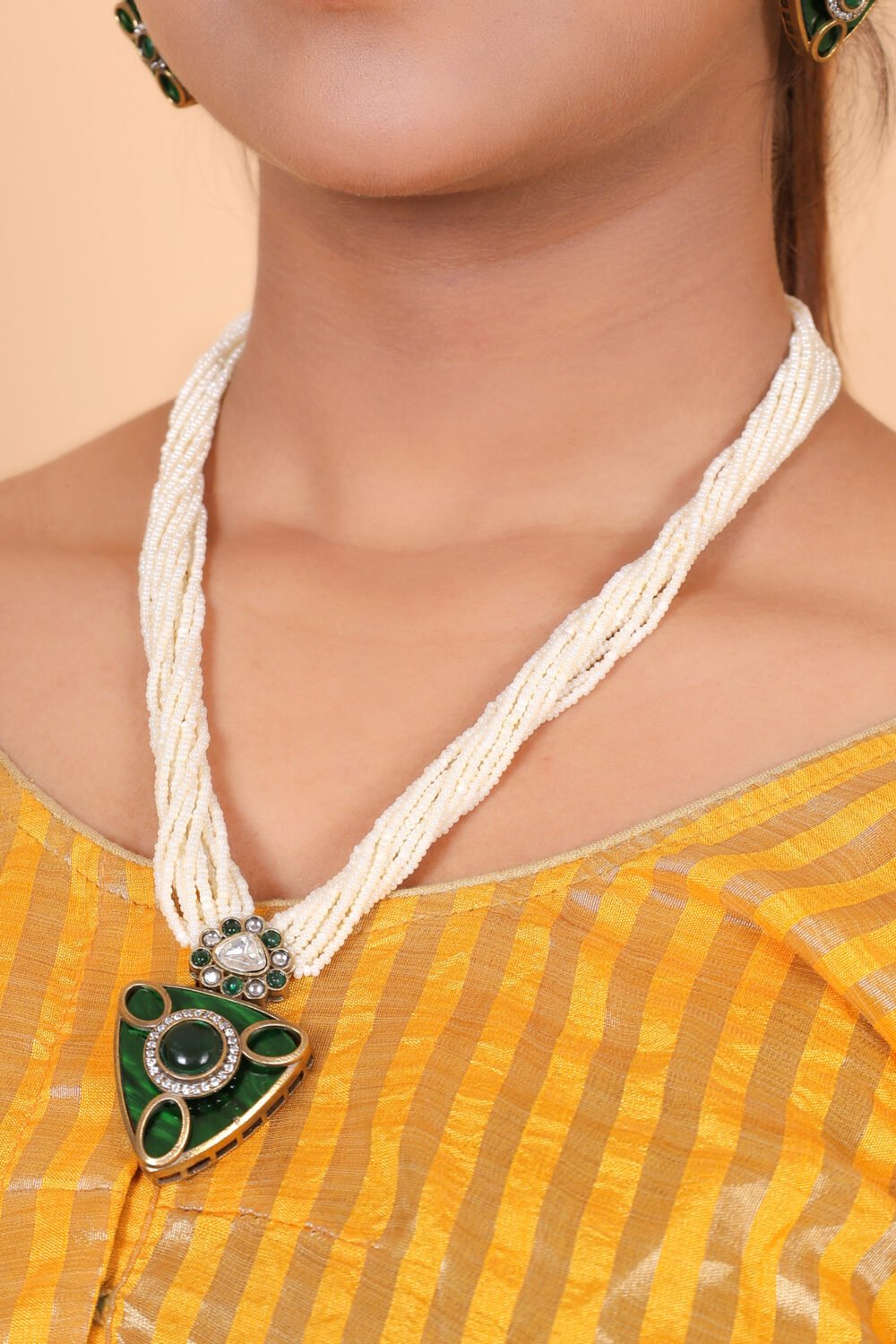 Kalakosh Mehendi-Plated Green Stone Hasli with Pearl Beads Choker Set - Image 3