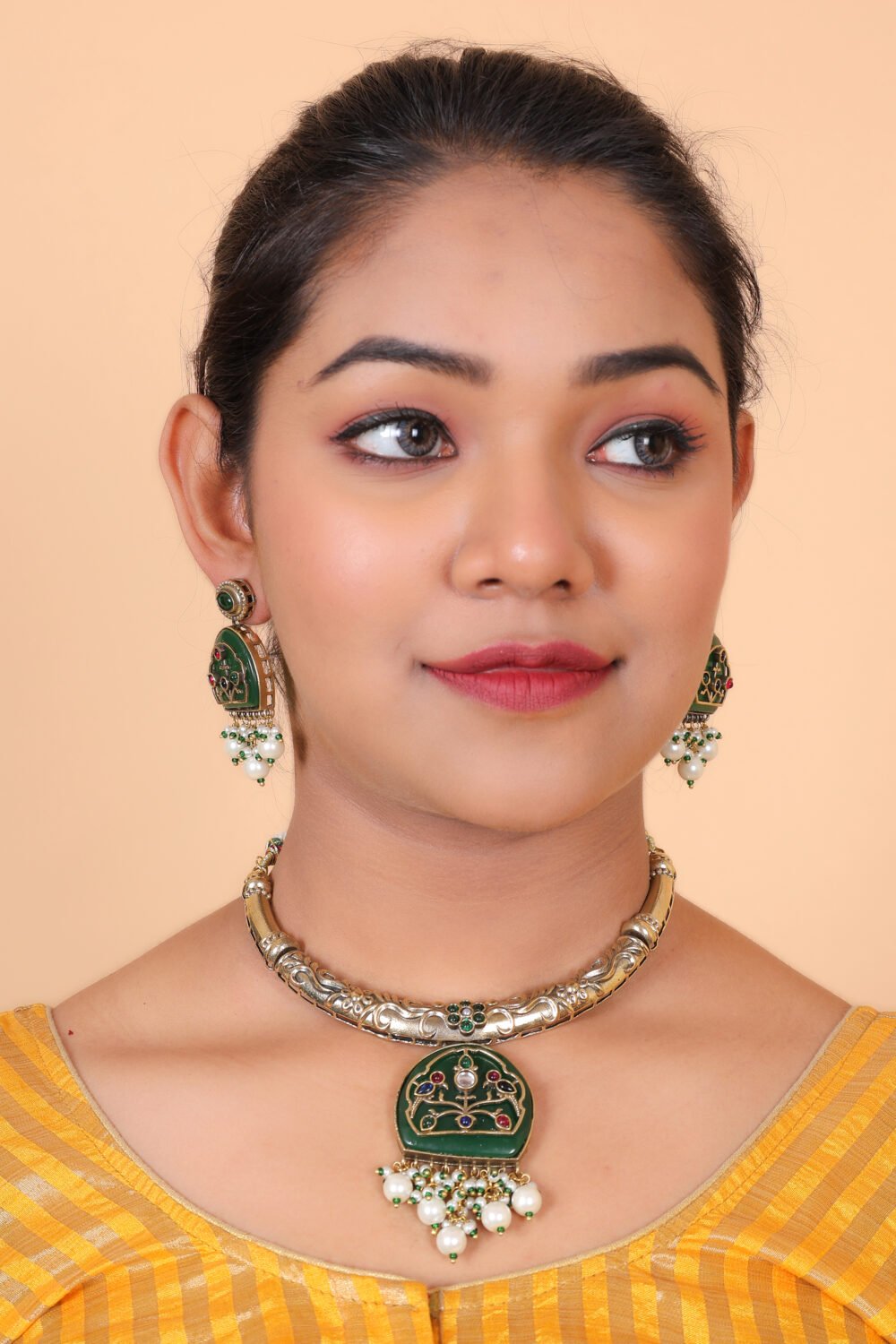 Kalakosh Mehendi-Plated Green Stone Pearl Drop Choker Set - Image 5