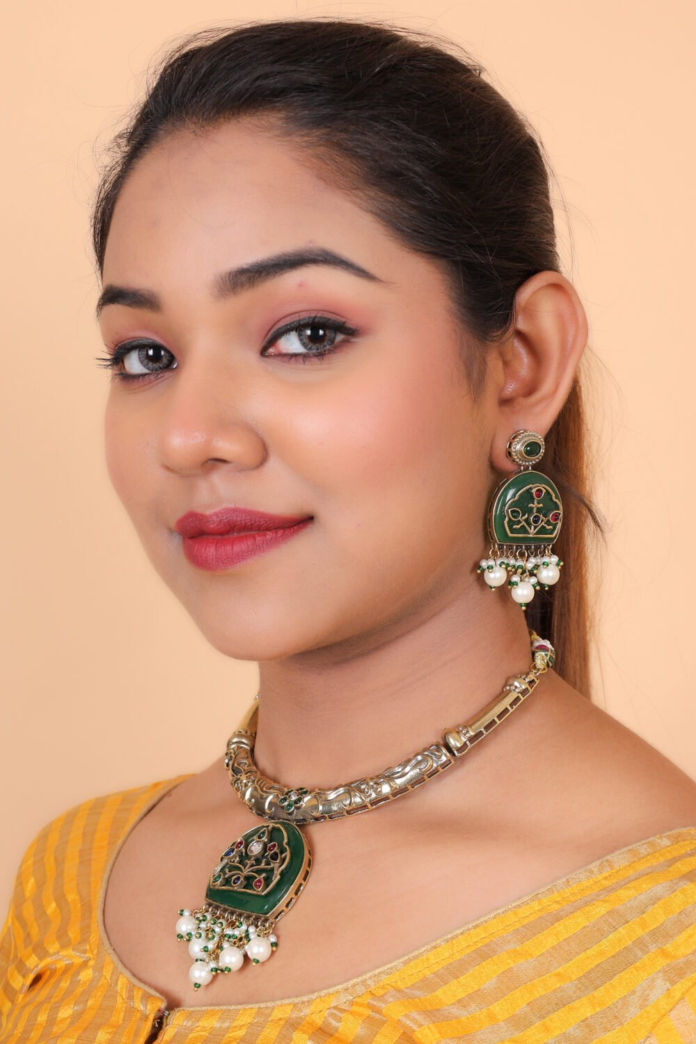 Kalakosh Mehendi-Plated Green Stone Pearl Drop Choker Set