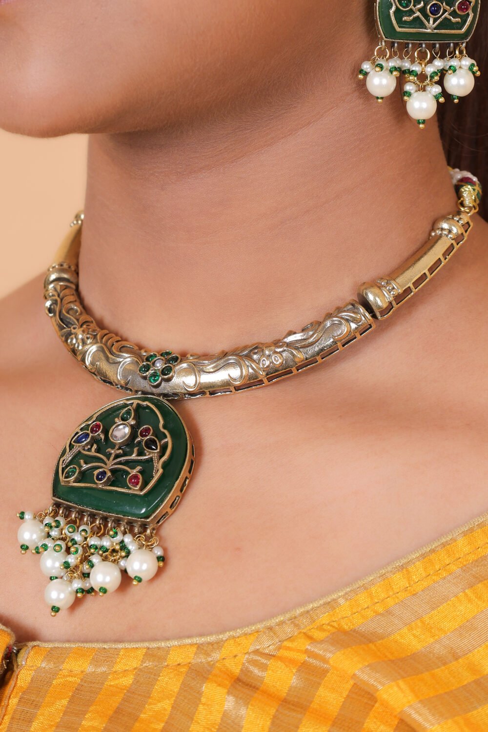 Kalakosh Mehendi-Plated Green Stone Pearl Drop Choker Set - Image 3