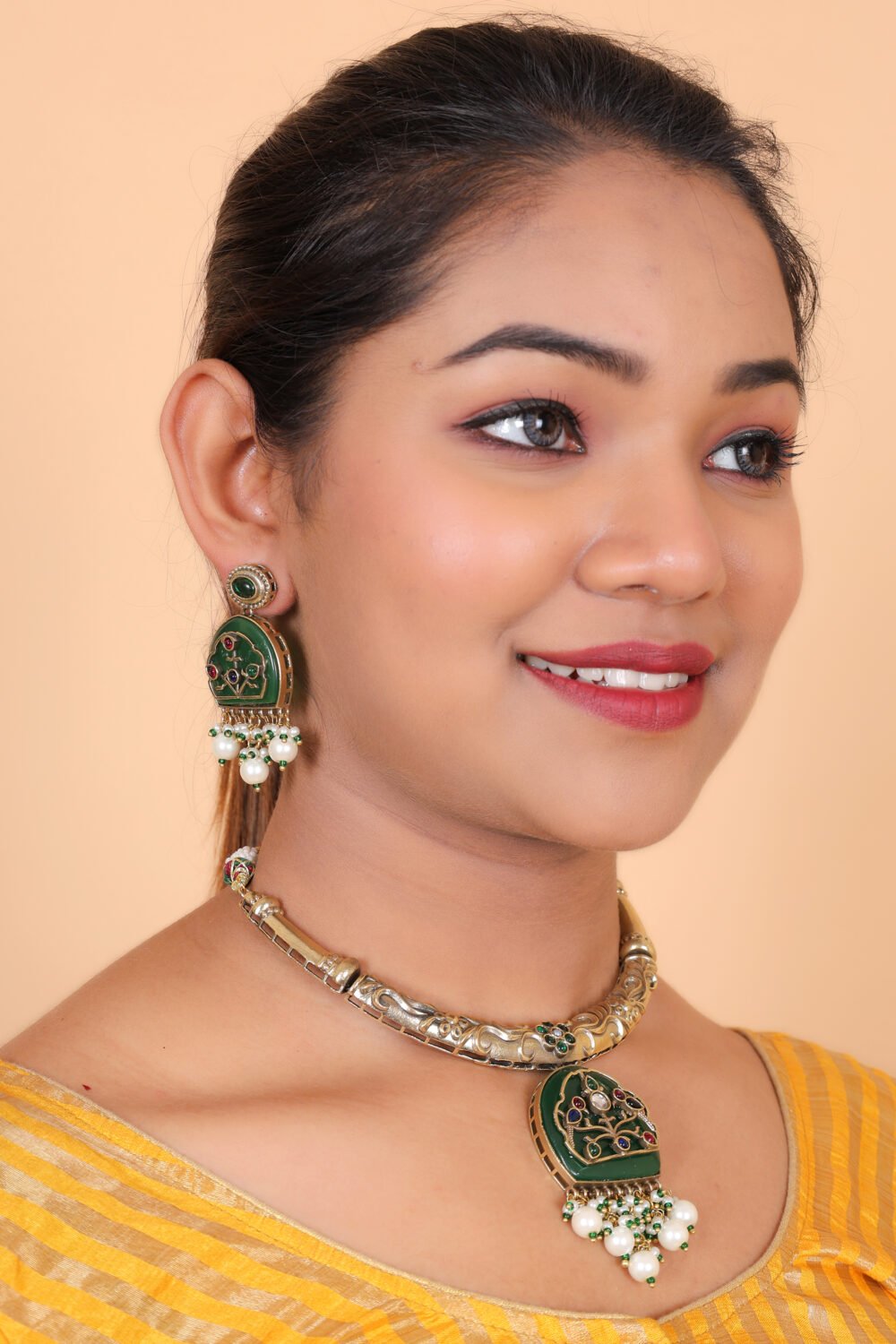 Kalakosh Mehendi-Plated Green Stone Pearl Drop Choker Set - Image 2